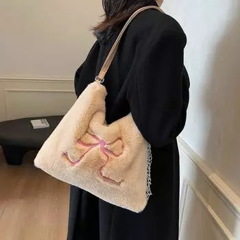 Повседневная пушистая сумка-тоут большой вместимости, модная женская сумка подмышкой, плюшевая женская сумка, сумка-тоут большой вместимости для старшеклассников. чёрный