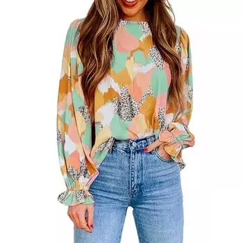 Повседневная пышная шифоновая блузка с длинными рукавами, весенняя винтажная рубашка с абстрактным принтом, модные свободные топы с круглым вырезом, Blusas De Mujer 25144 S зелёный