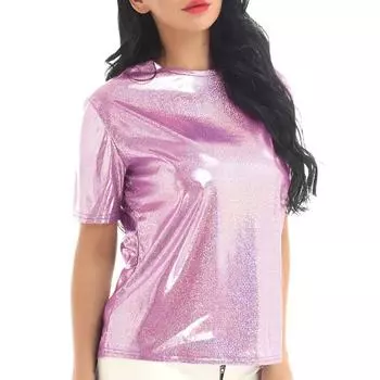 Повседневная яркая блестящая блузка для танцев, летняя женская одежда, модные топы 2023 года с круглым вырезом и короткими рукавами, однотонная рубашка Blusa Mujer 25099 S серебряный