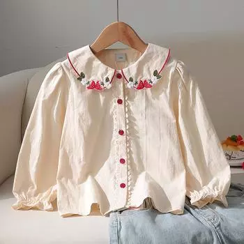 Повседневная рубашка для девочек 100% хлопок блузка клубничная вышивка воротник длинные рукава застежка на пуговицах спереди 2-6 лет детская модная одежда 90