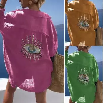 Повседневная рубашка Evil Eye, женская мода, пляжный стиль, свободная пуговица, солнцезащитный крем, хлопок, лен, рубашка, платье, летний повседневный женский топ S белый