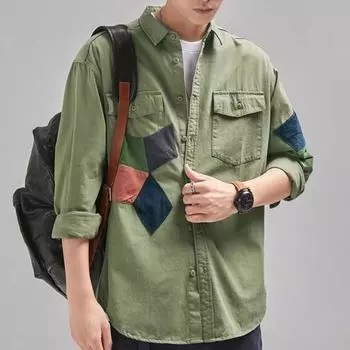 Повседневная рубашка мужская рабочая одежда 2024 новые модели весны и осени рубашка с длинными рукавами корейская версия тренда японской куртки в гонконгском стиле M армия зеленый