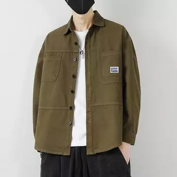Повседневная рубашка, мужская весенне-осенняя рубашка для инструментов, мужская рубашка с длинным рукавом M темные хаки