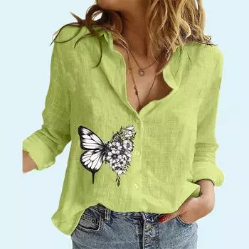 Повседневная рубашка на пуговицах с принтом бабочки для женщин, весенне-осенняя модная льняная рубашка с длинным рукавом, женские блузки с длинными рукавами S белый