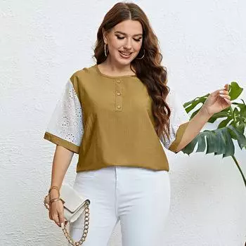 Повседневная рубашка-пуловер для женщин, футболка с круглым вырезом и короткими рукавами с вырезом, свободная рубашка в стиле пэчворк, дышащая легкая рубашка плюс XL чёрный