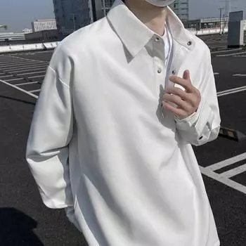 Повседневная рубашка-пуловер с длинными разрезными рукавами и воротником-поло. M чёрный