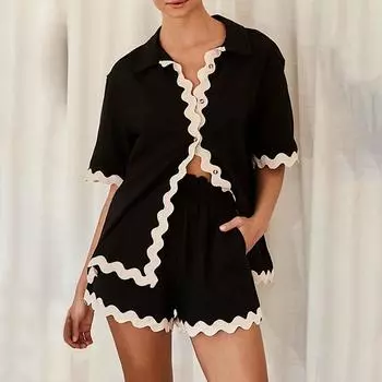 Повседневная рубашка с цветными блоками и карманами с контрастным отложным воротником и короткими рукавами из двух частей L чёрный