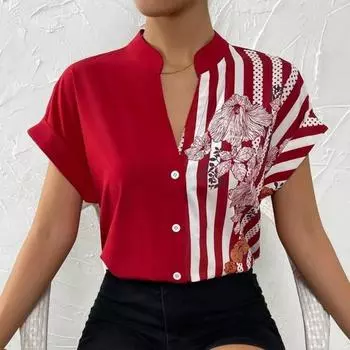 Повседневная рубашка с цветочным принтом и рукавами большого размера, однобортная летняя женская блузка в асимметричную полоску с коротким воротником-стойкой XL красный