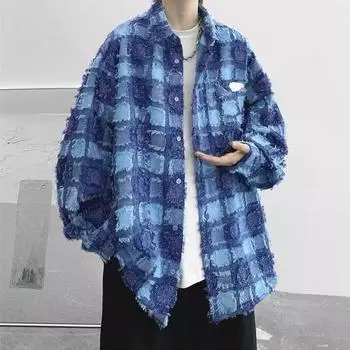 Повседневная рубашка с длинными рукавами, свободная клетчатая рубашка с кисточками M чёрный