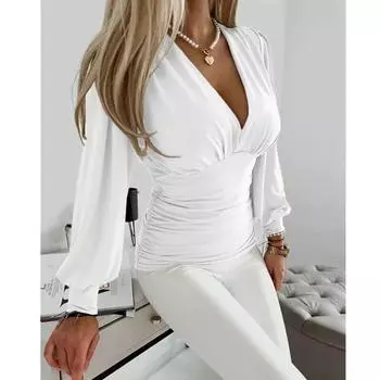 Повседневная рубашка с глубоким v-образным вырезом и длинным рукавом, модные облегающие сексуальные женские блузки, осенние простые женские однотонные плиссированные топы 30470 S хаки