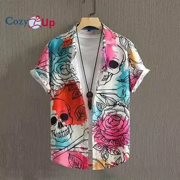 Повседневная рубашка с коротким рукавом с рисунком скелета и розы, мужская гавайская рубашка для летнего курорта S