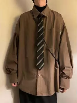 Повседневная рубашка унисекс в японском стиле с длинным рукавом в стиле ретро: Свободный крой для пожилых людей на весну и осень L кофейный