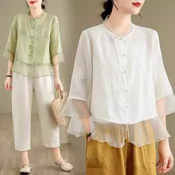 Повседневная рубашка в китайском стиле для женщин, поступление, лето, винтаж, О-образный вырез, цветочная вышивка, свободные женские хлопковые топы, рубашки XXXL белый