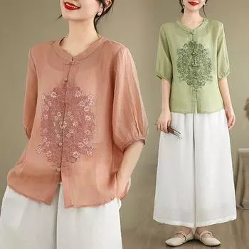 Повседневная рубашка в китайском стиле для женщин, поступление, лето, винтажная цветочная вышивка, свободные женские топы с коротким рукавом, рубашки XXL зелёный