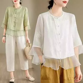 Повседневная рубашка в китайском стиле для женщин, поступление, лето, винтаж, О-образный вырез, цветочная вышивка, свободные женские хлопковые топы, рубашки XXXL белый
