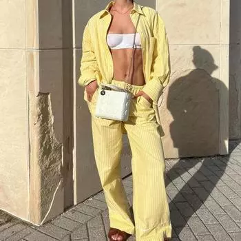 Повседневная рубашка в полоску, брючный костюм, женская однобортная футболка с длинным рукавом, свободная футболка, комплект с широкими брюками, уличные женские наряды XS