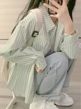Повседневная рубашка в полоску с длинными рукавами для женщин, весна-осень, свободная рубашка в японском стиле в стиле ретро, маленькая, шикарный топ для женщин S зелёный