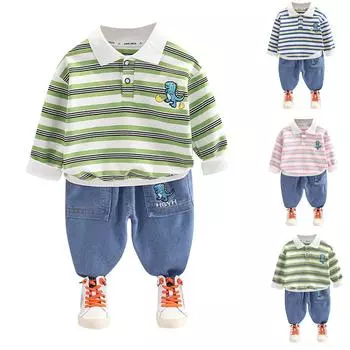 Повседневная рубашка в полоску с мультяшными лацканами для мальчиков, комплект с длинными рукавами, красивый комплект из двух предметов 110 небесно-голубой