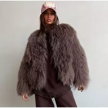 Повседневная шуба из искусственного меха для женщин, осень-зима, с круглым вырезом, с длинными рукавами, толстое пальто, женская стильная верхняя одежда для леди, уличная одежда S коричневый