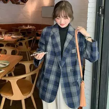 Повседневная синяя клетчатая шерстяная куртка для женщин, весна и осень. Корейская версия свободного пальто из искусственного кашемира S синий
