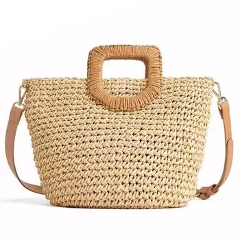 Повседневная соломенная сумка, женская тканая сумка ручной работы, большая вместительная пляжная сумка из ротанга, сумка с ручкой для летних каникул 36*8*31cm бежевый