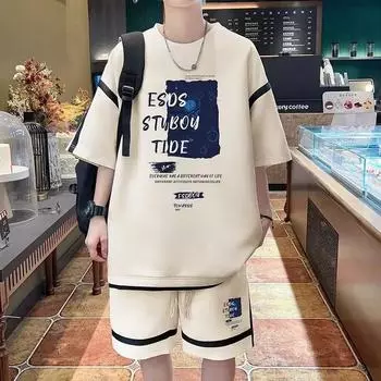 Повседневная спортивная летняя коллекция для мужчин, свободный крой, короткий рукав, футболка, шорты, комплект, молодежный стиль, модное сочетание S