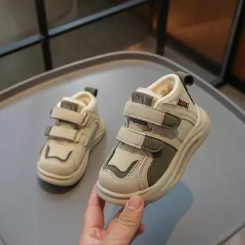 Повседневная спортивная обувь для мальчиков, зимняя теплая повседневная обувь для девочек в британском стиле, модная детская кожаная обувь с двумя крючками и петлями, новинка 2024 года 21 бежевый