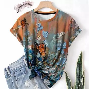 Повседневная спортивная женская футболка Butterfly, летняя, новая, с круглым вырезом и короткими рукавами, в пляжном стиле, модная, свободная посадка XS