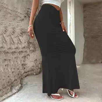 Повседневная струящаяся макси-юбка с высокой талией, складная юбка длиной до щиколотки для женщин, однотонная юбка, женская юбка с высокой талией, модная юбка для пригородных поездов S чёрный