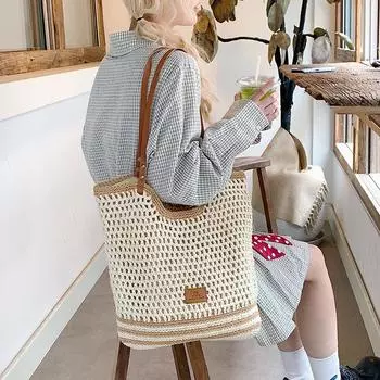 Повседневная сумка большой вместимости на одно плечо из хлопчатобумажной нити, новая ажурная сетчатая сумка-тоут для отдыха на море, пляжная женская сумка