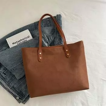 Повседневная сумка через плечо большой вместимости, однотонная ретро-сумка-тоут, студенческая сумка для учебы и работы коричневый