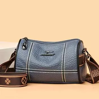 Повседневная сумка через плечо Splicing, сумка-цилиндр с широким плечевым ремнем, сумка через плечо из натуральной кожи для женщин чёрный