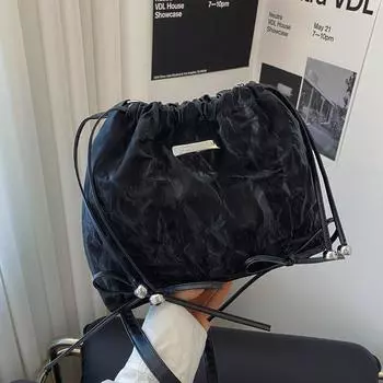 Повседневная сумка-мешок в стиле балета с бантом, женская, новинка 2024 года, сумка-мессенджер через плечо, супер огненная плиссированная сумка-ведро белый