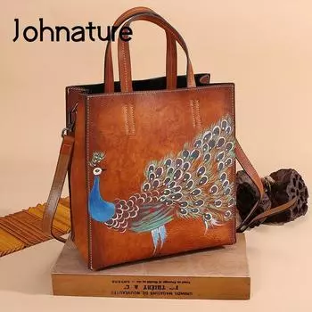 Повседневная сумка-тоут из натуральной кожи с животным принтом на молнии, жесткая универсальная ручная роспись в виде павлина, женские сумки коричневый