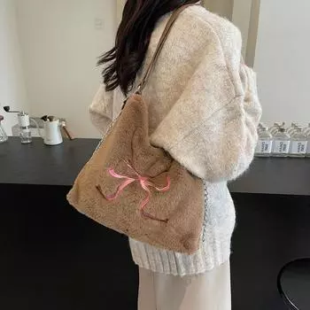 Повседневная сумка-тоут Mao Mao большой вместимости, модная женская сумка подмышку 2024 года, новый рюкзак с бантом на плечо чёрный