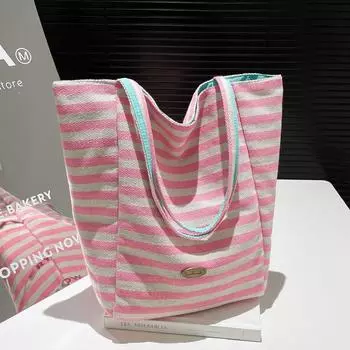 Повседневная сумка-тоут в полоску в художественном стиле, милая двухсторонняя сумка на одно плечо для женщин розовый