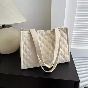 Повседневная сумка в иностранном стиле с вышивкой нитками в виде ромба 2024 года, новая фланелевая простая сумка-тоут, однотонная сумка через плечо подмышкой чёрный