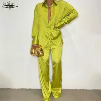 Повседневная свободная атласная блузка, женские комплекты, элегантный комплект из двух предметов с длинным рукавом, женская рубашка, прямые брюки, костюм, женские однотонные топы S оранжевый