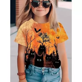 Повседневная свободная детская футболка с принтом «Черные кошки и летучие мыши» на Хэллоуин, круглый вырез, слегка эластичный летний трикотажный топ 100CM