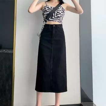 Повседневная свободная джинсовая юбка с высокой талией, весенне-летняя модная трапециевидной формы средней длины с разрезом в Корейском стиле, шикарная и элегантная женская юбка XL светло-синий