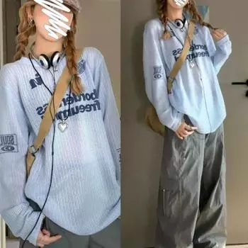 Повседневная свободная футболка большого размера для пар из Кореи с длинными рукавами для женщин, летняя новая модель, трикотажная ажурная надпись с длинными рукавами S белый