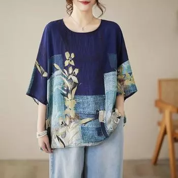 Повседневная свободная футболка большого размера из хлопка с короткими рукавами и цветочным принтом, женская летняя футболка