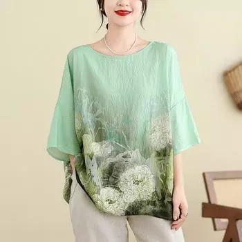 Повседневная свободная футболка большого размера из хлопка с короткими рукавами и цветочным принтом, женская летняя футболка
