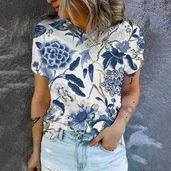 Повседневная свободная футболка большого размера с короткими рукавами с синим и белым узором и цифровой печатью 3D S