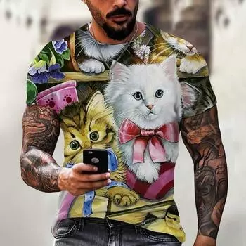Повседневная свободная футболка с короткими рукавами и рисунком кошки. Футболка с короткими рукавами с 3D-цифровой печатью. S