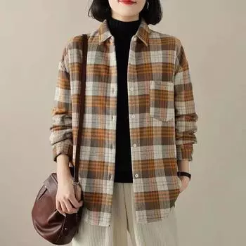 Повседневная свободная клетчатая хлопковая рубашка для женщин, идеальная для осени M синий