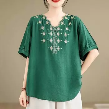 Повседневная свободная летняя футболка большого размера с короткими рукавами, хлопковая винтажная вышивка, топы, женская футболка L зелёный