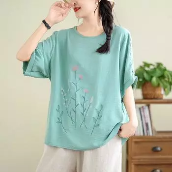 Повседневная свободная летняя футболка большого размера из хлопка с короткими рукавами и цветочным принтом, женская футболка чёрный