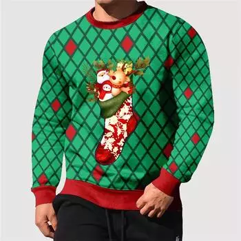Повседневная свободная мужская толстовка с капюшоном с 3D принтом, рождественская зеленая, красная клетчатая мужская пуловер... S
