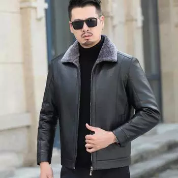 Повседневная свободная мужская зимняя утепленная кожаная куртка, кожаная куртка для отца из овечьей кожи 4XL